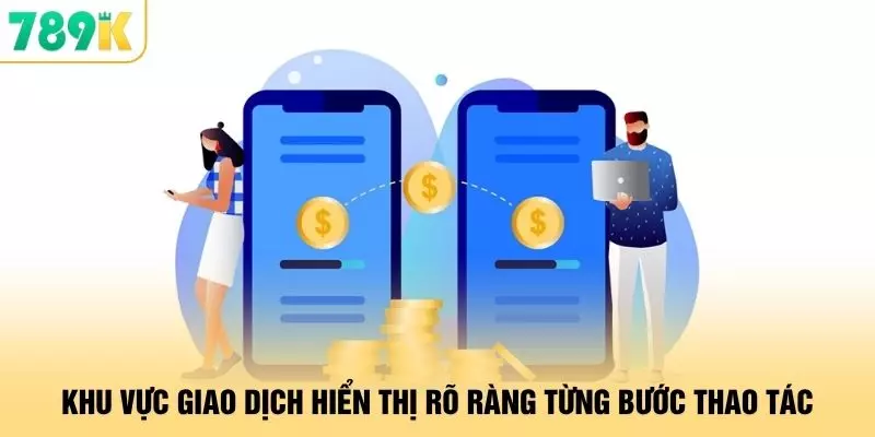 Khu vực giao dịch hiển thị rõ ràng từng bước thao tác